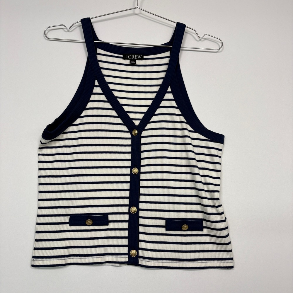 J.Crew Women Tank Top XL Blue White Striped Ribbed Gold Button Front BY421 2024